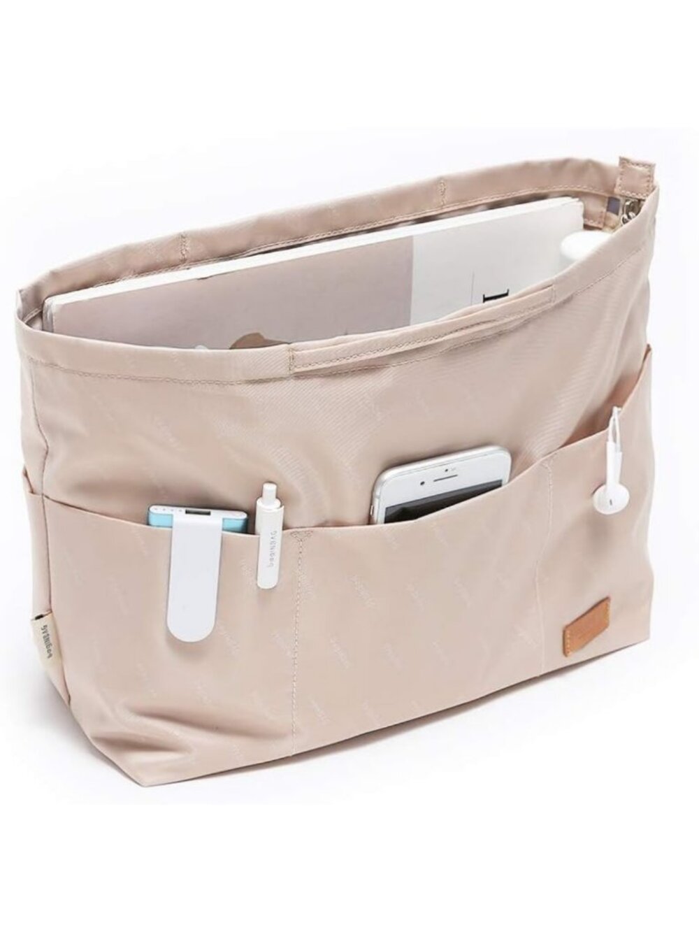 Large Beige Purse Organizer Insert with Zipper - Nylon Fabric for Handbags